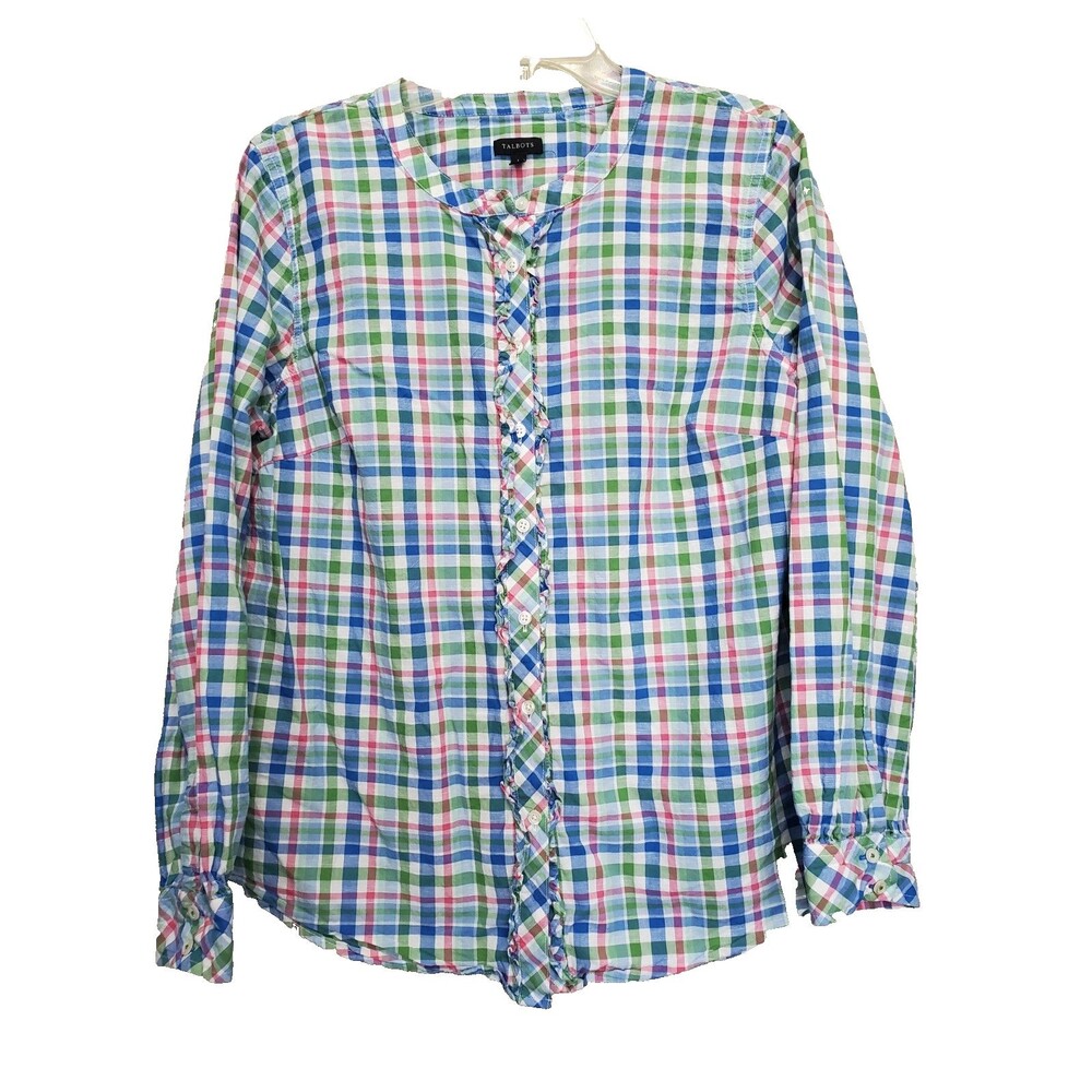 Talbots Cotton/Linen Picnic Plaid Ruffle-Placket Button-Up Shirt Size Large
